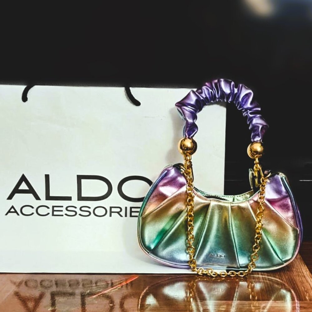 New Aldo Metallic Ombré Leather Party Bag w/ Ruched Top handle & Chain Strap